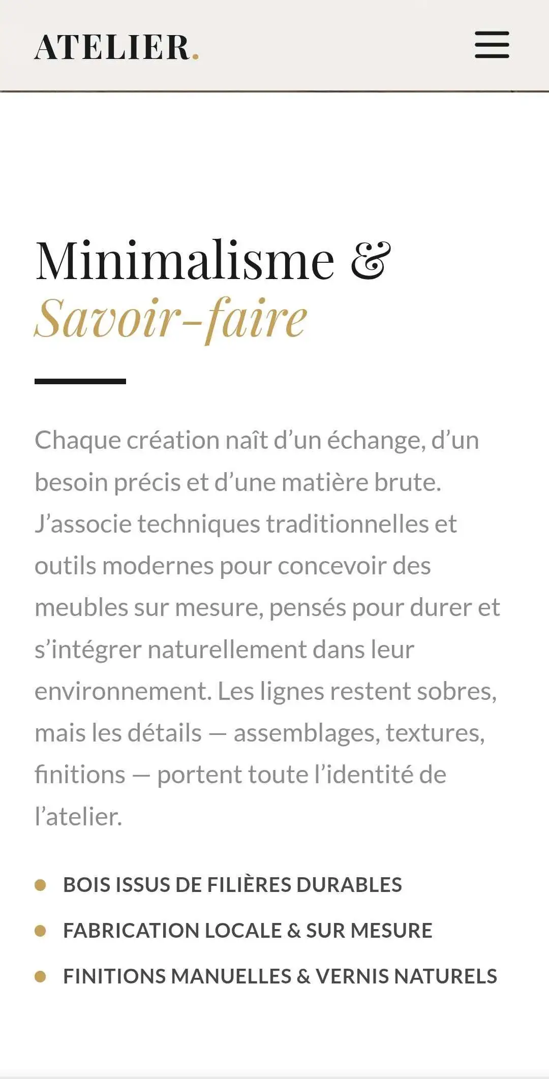 Capture de la section “Minimalisme & Savoir-faire” présentant les valeurs de l’atelier en version mobile
