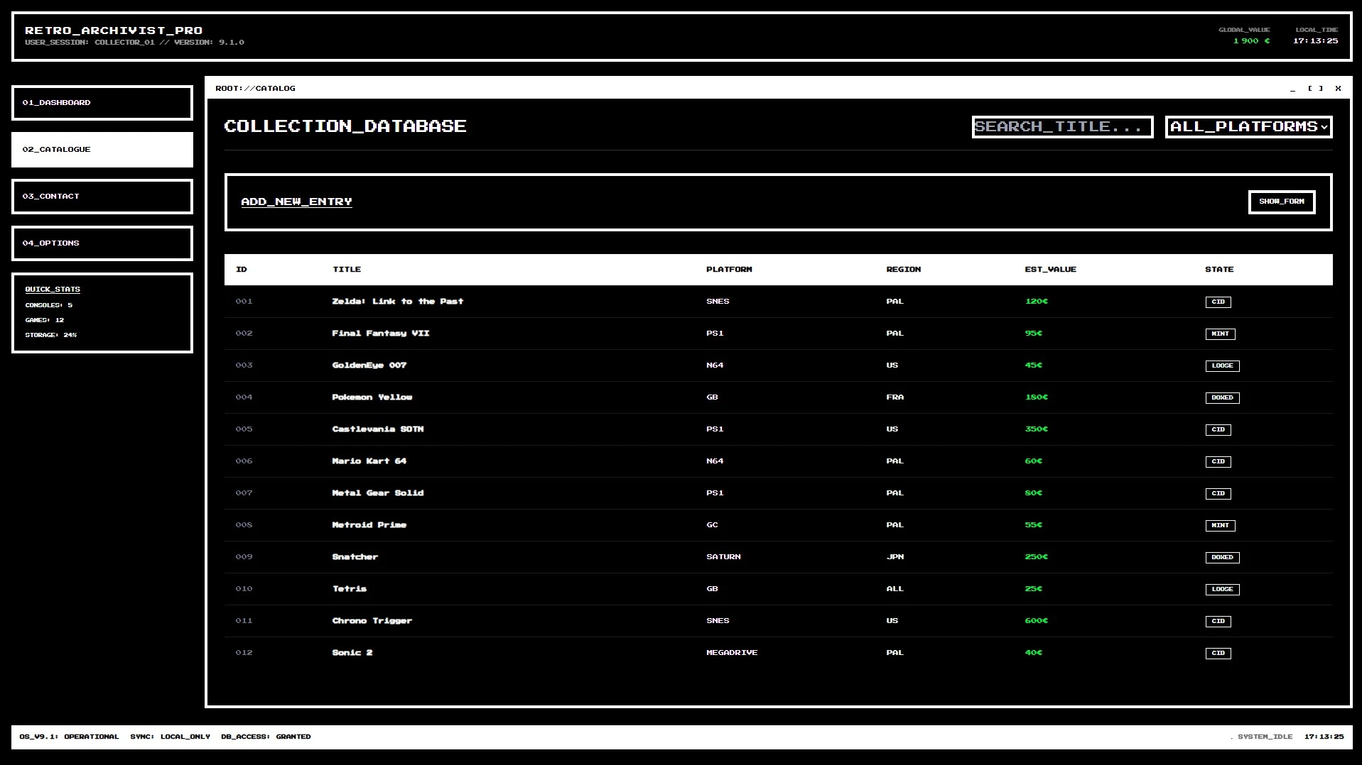 Interface du catalogue de jeux avec la possibilité de rechercher et d'ajouter de nouveaux jeux