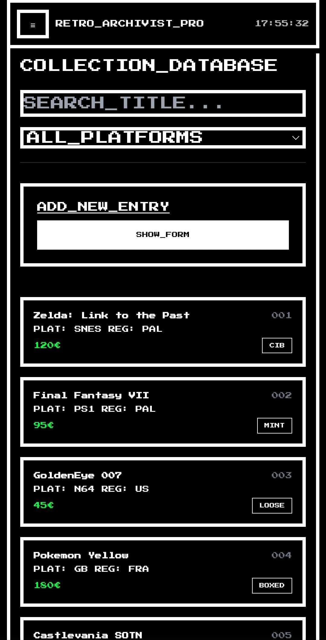 Interface du catalogue de jeux avec la possibilité de rechercher et d'ajouter de nouveaux jeux version mobile