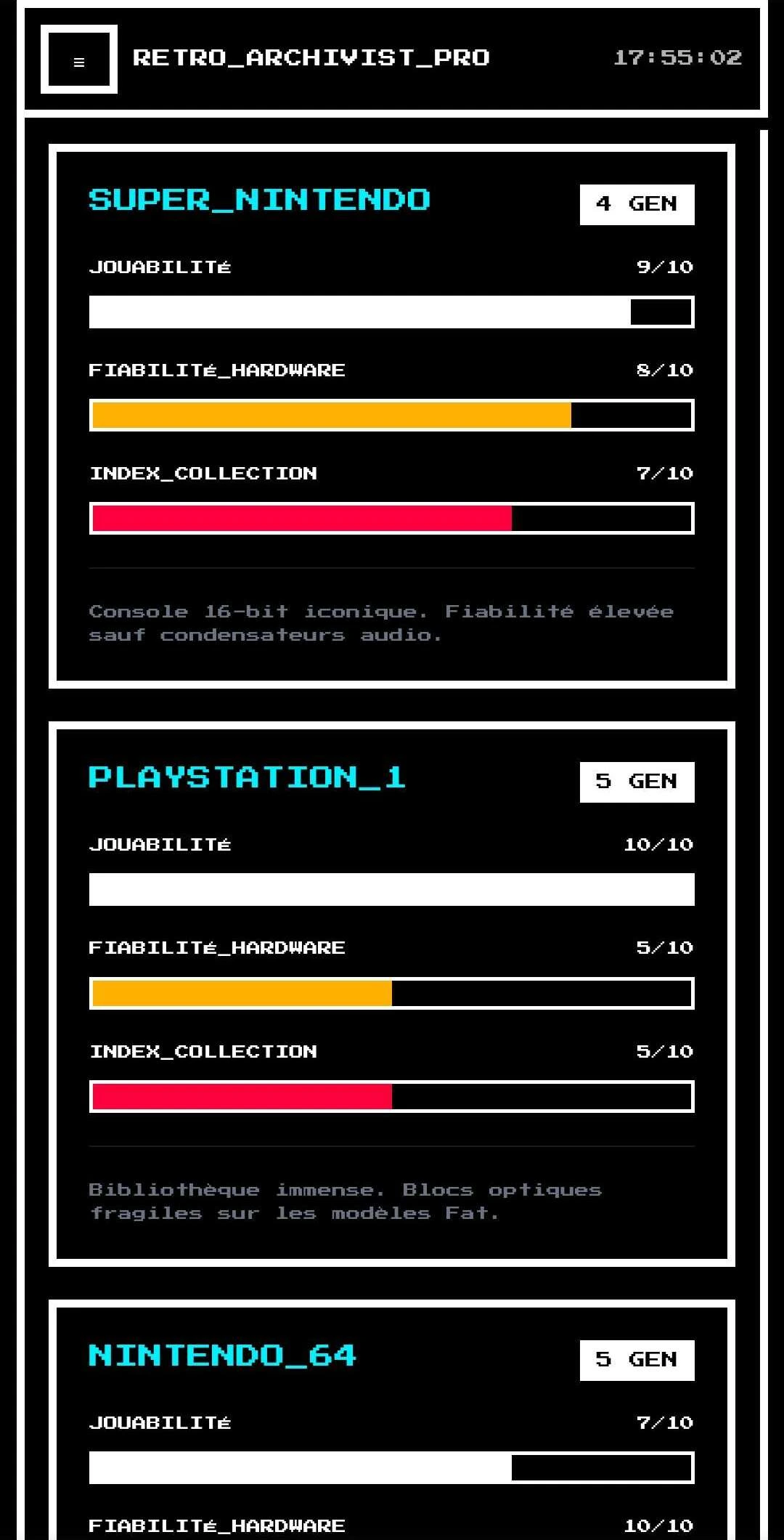 Exemple d’interface utilisateur développée pour un tableau de bord web rétro-gaming, avec graphiques et indicateurs de performance des consoles. version mobile