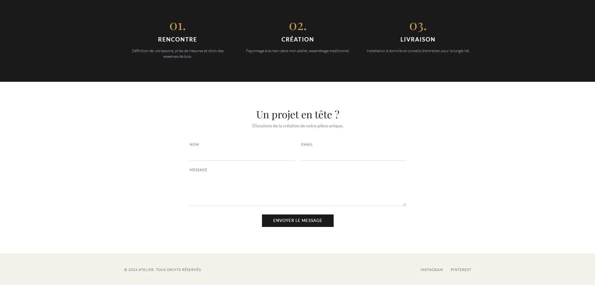 Section de contact d’un atelier : étapes rencontre, création et livraison, suivies d’un formulaire pour envoyer un message.