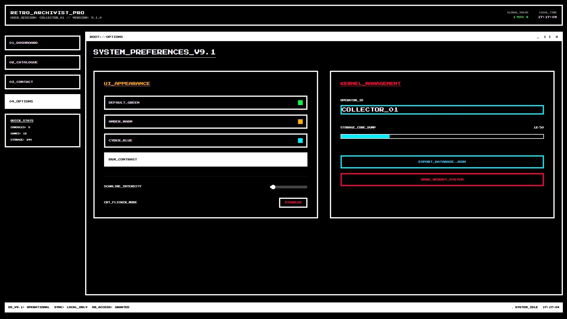 page des options modification d'apparence et export de la db