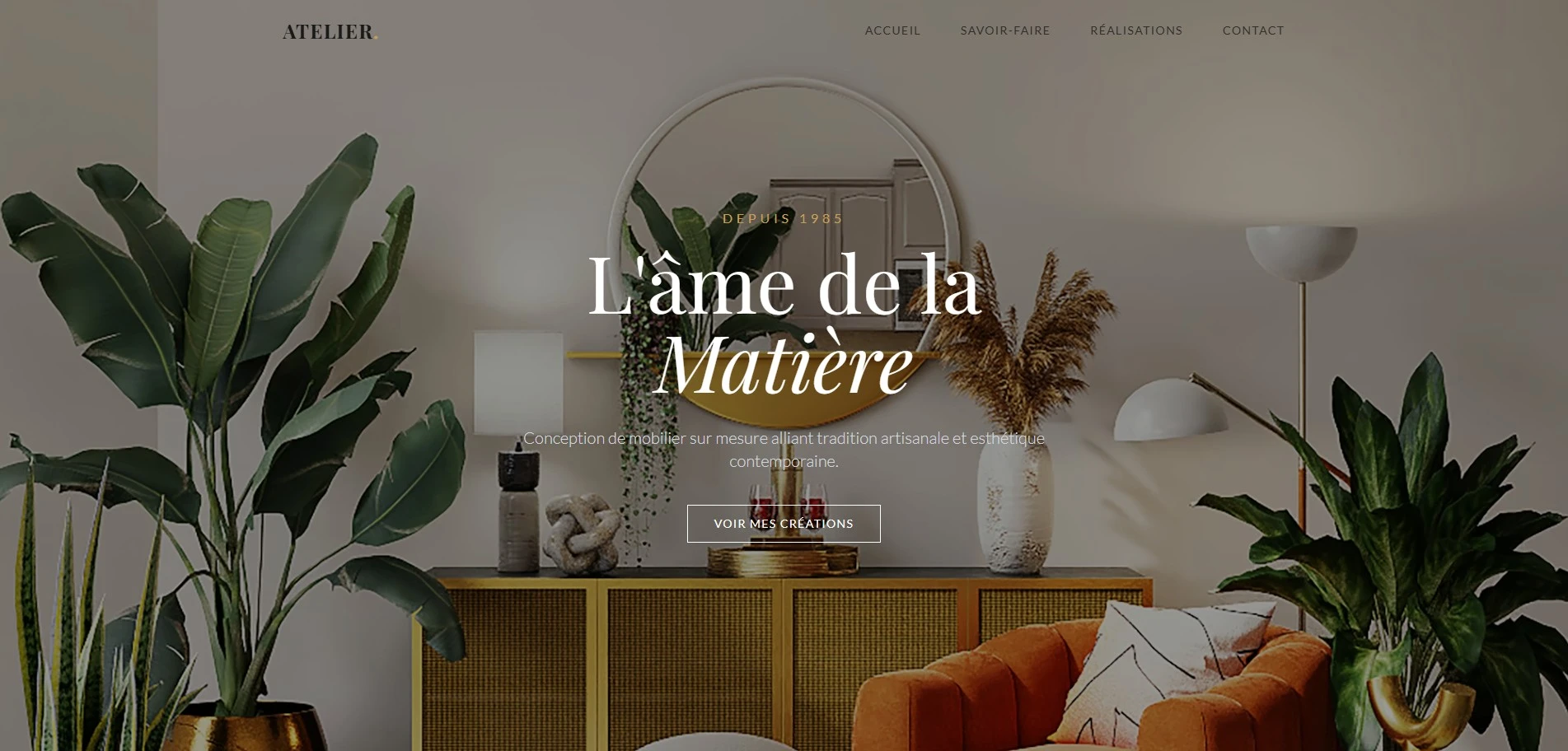 Capture de l’écran d’accueil du site présentant le hero principal “L’âme de la Matière”, avec un intérieur décoratif et un bouton d’appel à l’action.